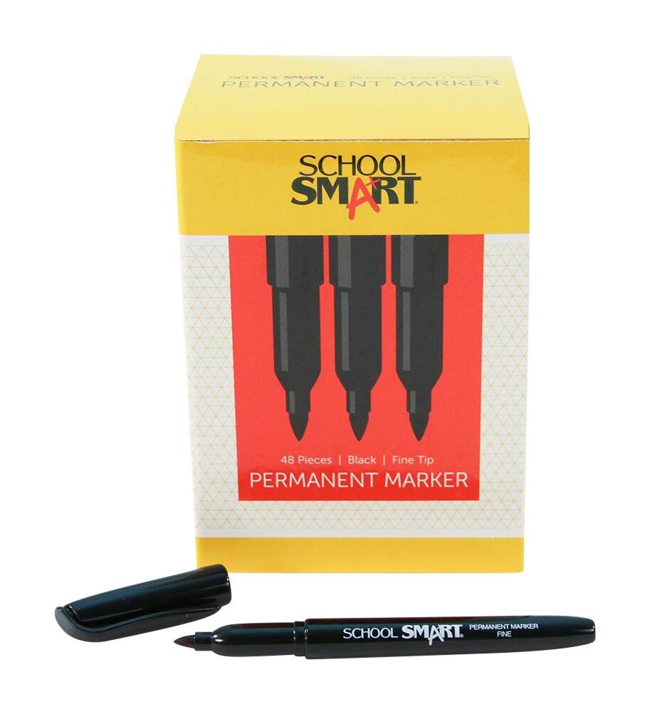 School Smart Fine Tip Permanent Markers, Quick-Drying and Water Resistant, 1 mm Tip, Black, Pack of 48 1593079